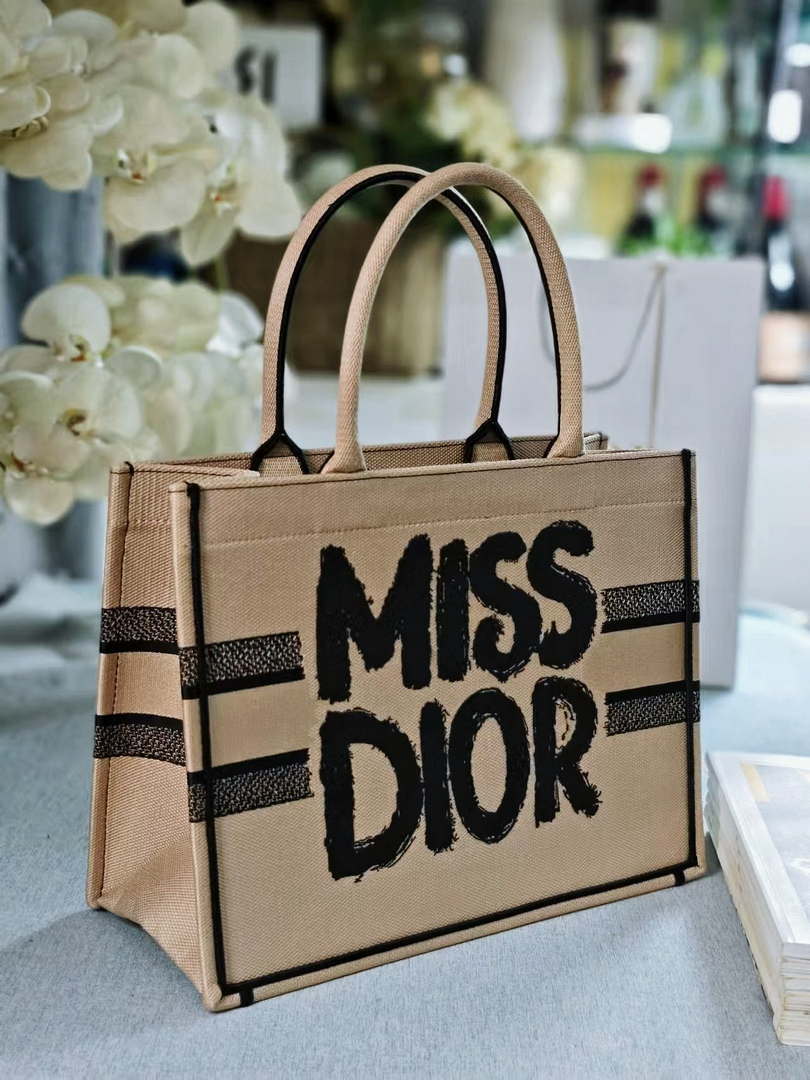Dior M1296 Medium Dior Book Tote Beige and Black Miss Dior Graffiti Embroidery