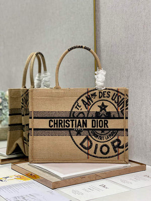 Dior M1296 Medium Book Tote Beige jute fabric with Union motif embroidery - Default Title - View 1