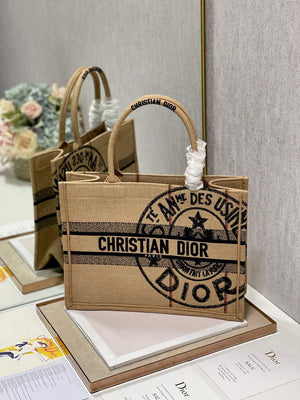 Dior M1296 Medium Book Tote Beige jute fabric with Union motif embroidery - Default Title - View 3