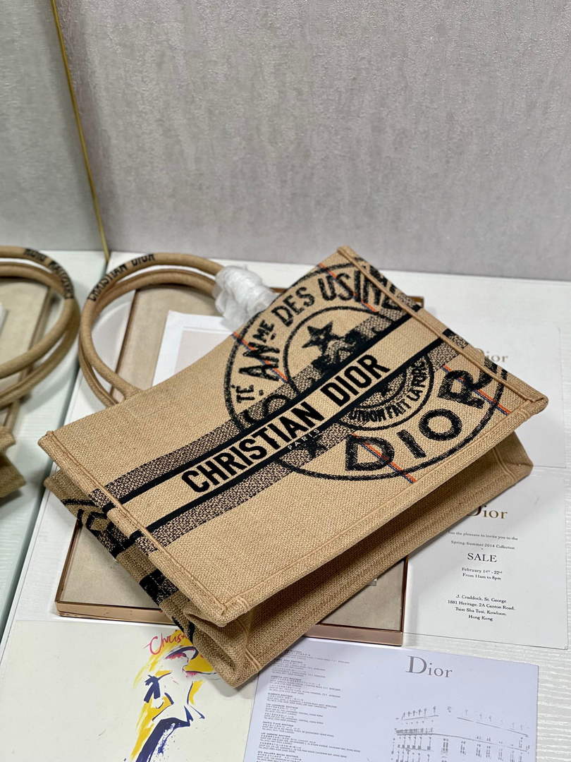 Dior M1296 Medium Book Tote Beige jute fabric with Union motif embroidery - Default Title - View 5