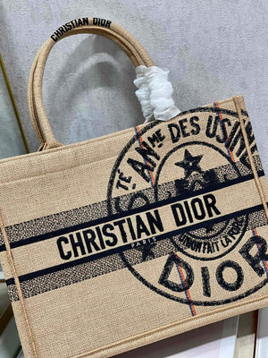 Dior M1296 Medium Book Tote Beige jute fabric with Union motif embroidery - Default Title - View 6