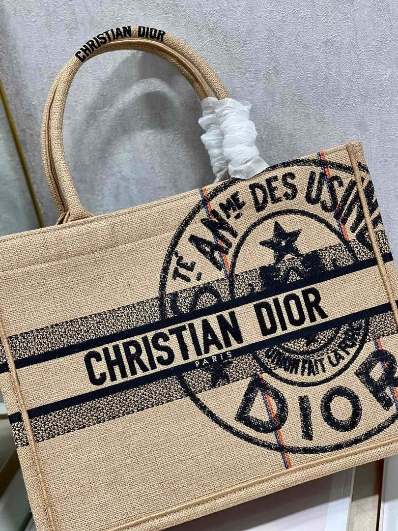 Dior M1296 Medium Book Tote Beige jute fabric with Union motif embroidery