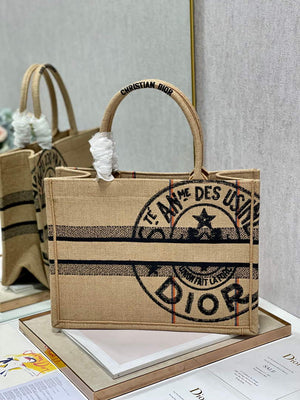 Dior M1296 Medium Book Tote Beige jute fabric with Union motif embroidery - Default Title - View 7