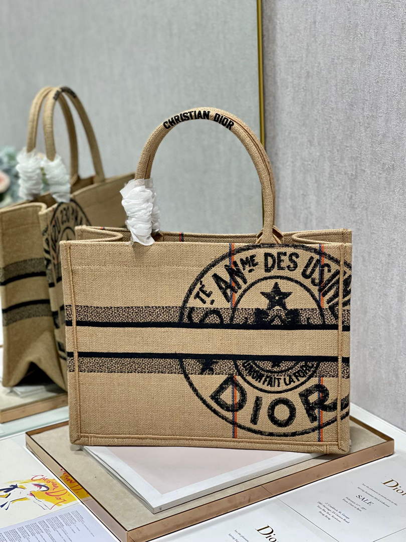 Dior M1296 Medium Book Tote Beige jute fabric with Union motif embroidery - Default Title - View 7