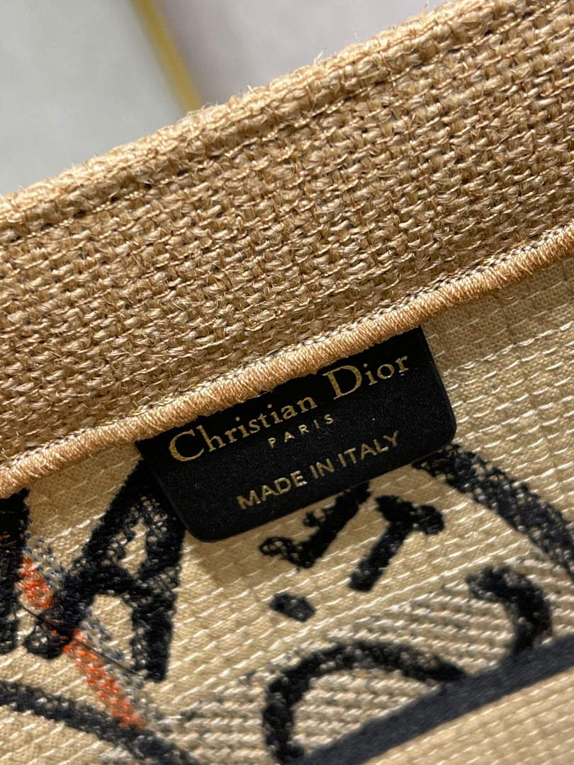 Dior M1296 Medium Book Tote Beige jute fabric with Union motif embroidery - Default Title - View 9