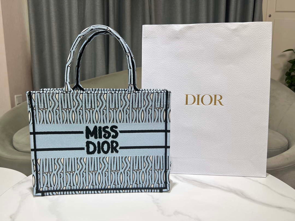 Dior M1296 Medium Dior Book Tote Pale Blue and Black Miss Dior Allover