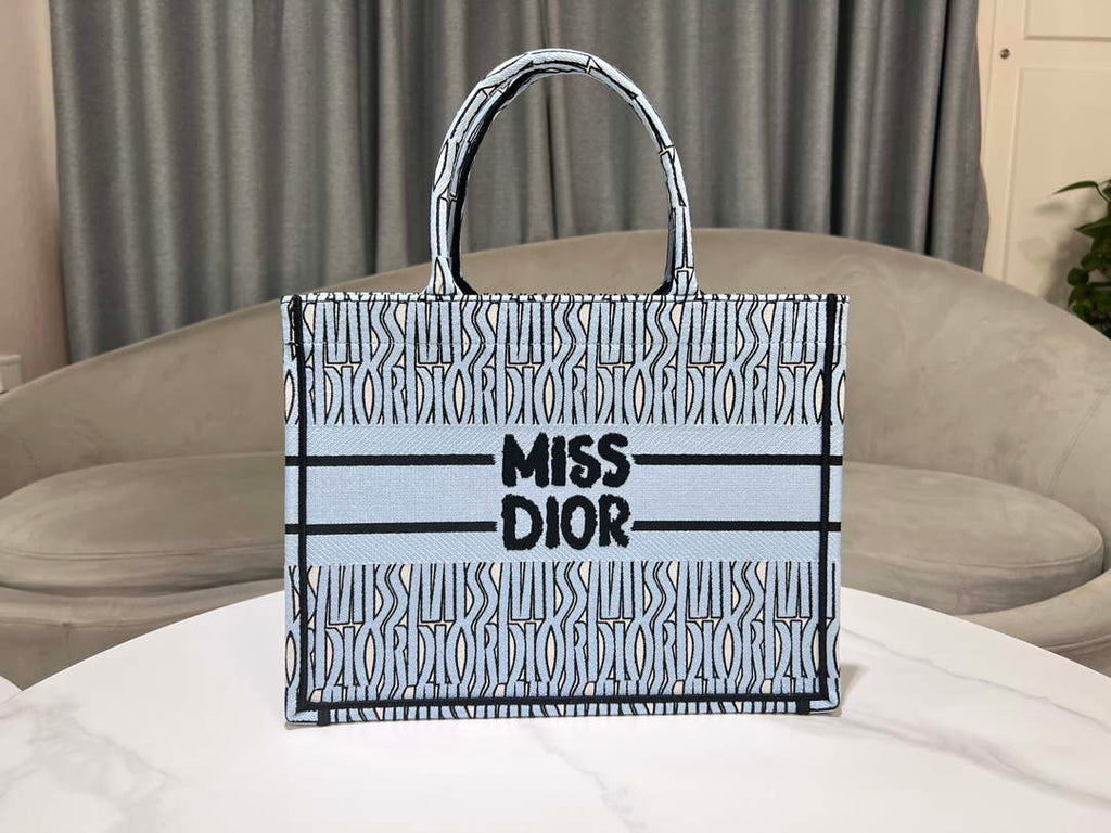 Dior M1296 Medium Dior Book Tote Pale Blue and Black Miss Dior Allover