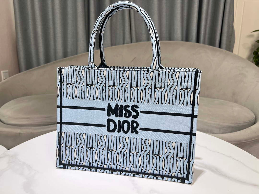 Dior M1296 Medium Dior Book Tote Pale Blue and Black Miss Dior Allover