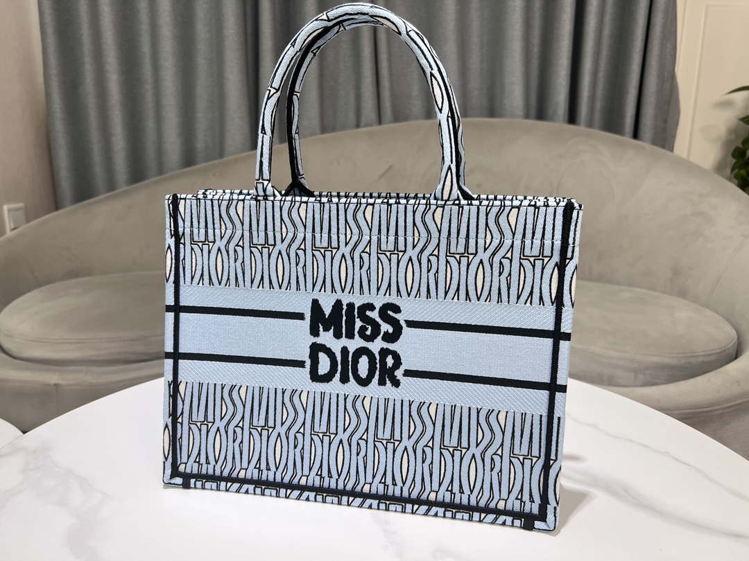 Dior M1296 Medium Dior Book Tote Pale Blue and Black Miss Dior Allover