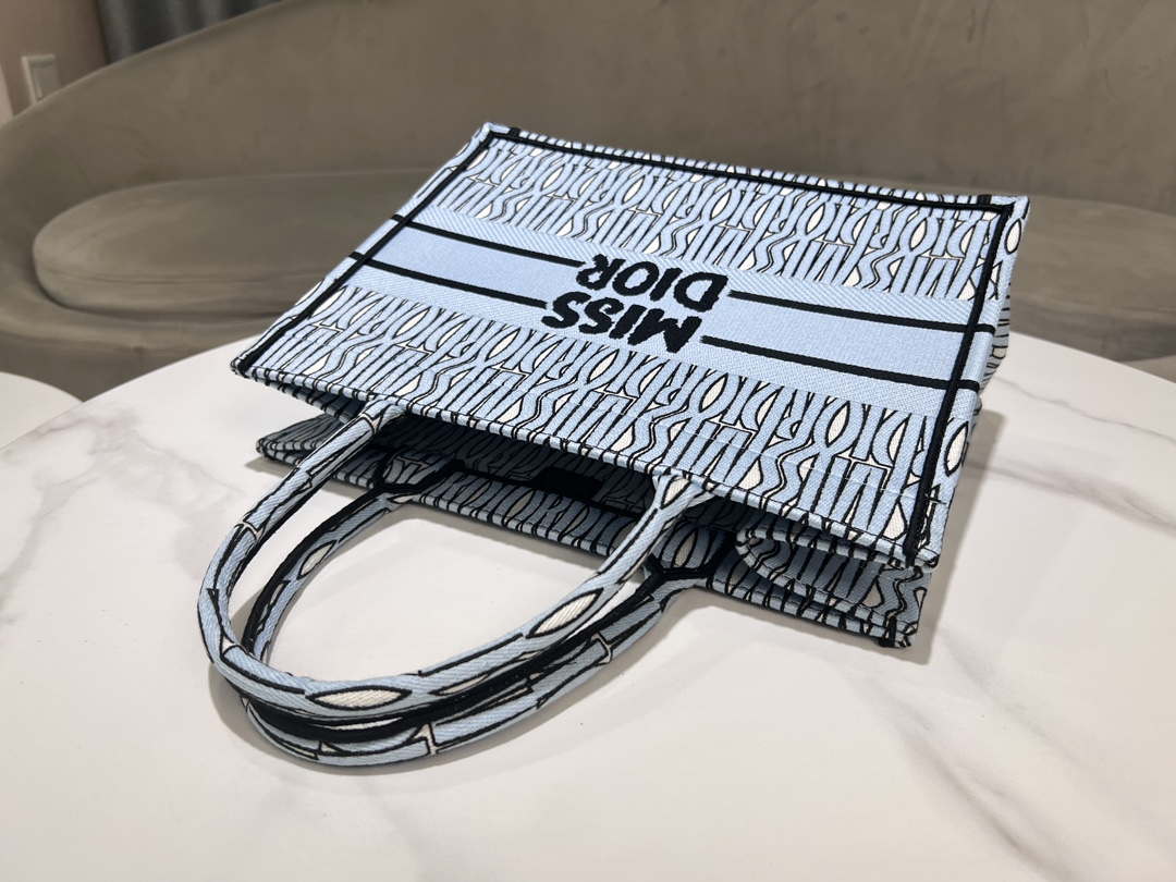 Dior M1296 Medium Dior Book Tote Pale Blue and Black Miss Dior Allover