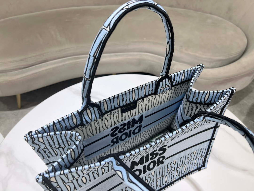 Dior M1296 Medium Dior Book Tote Pale Blue and Black Miss Dior Allover