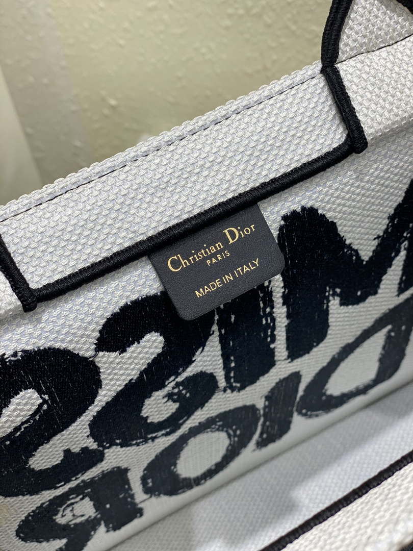 Dior M1296 Medium Dior Book Tote White and Blue Miss Dior Graffiti Embroidery