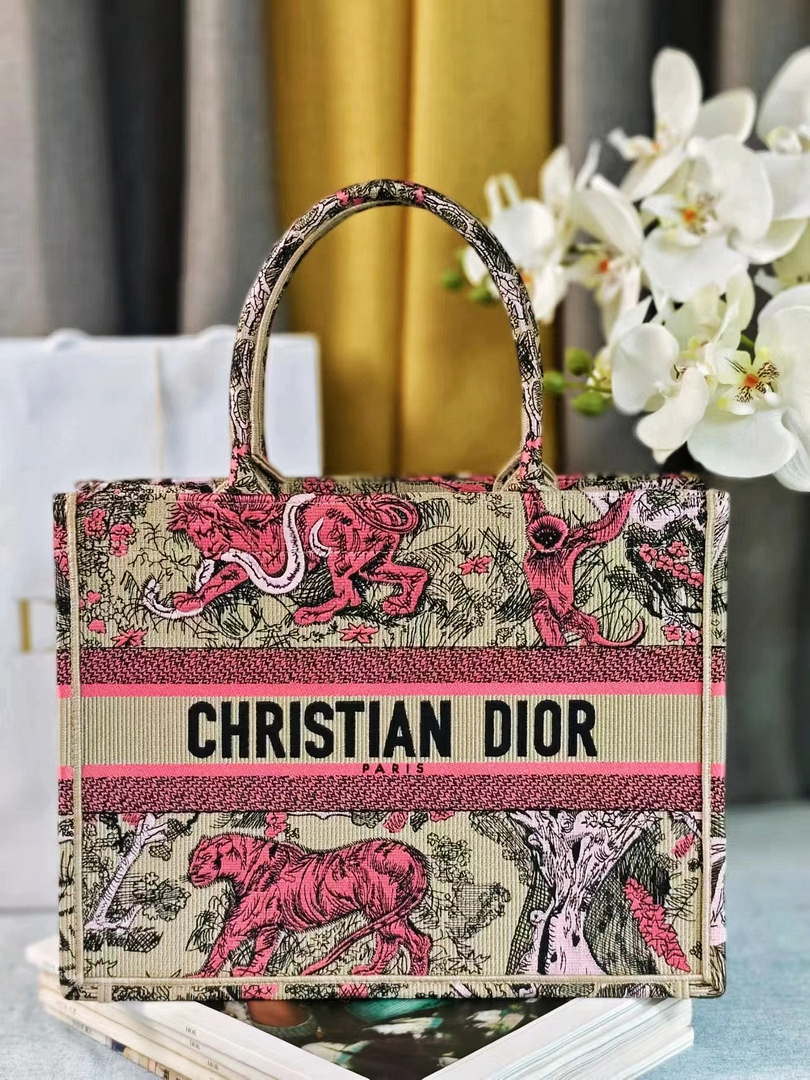 Dior M1296 Medium Dioriviera Book Tote Raffia with Candy Pink Toile de Jouy Sauvage M0100