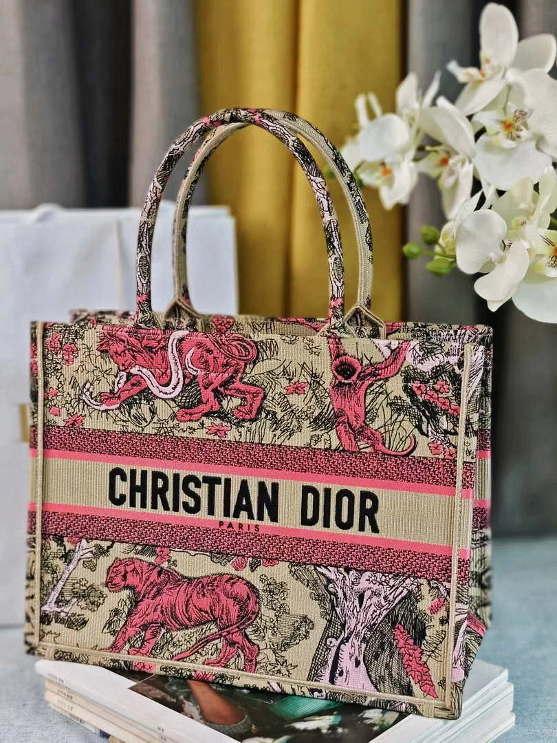 Dior M1296 Medium Dioriviera Book Tote Raffia with Candy Pink Toile de Jouy Sauvage M0100