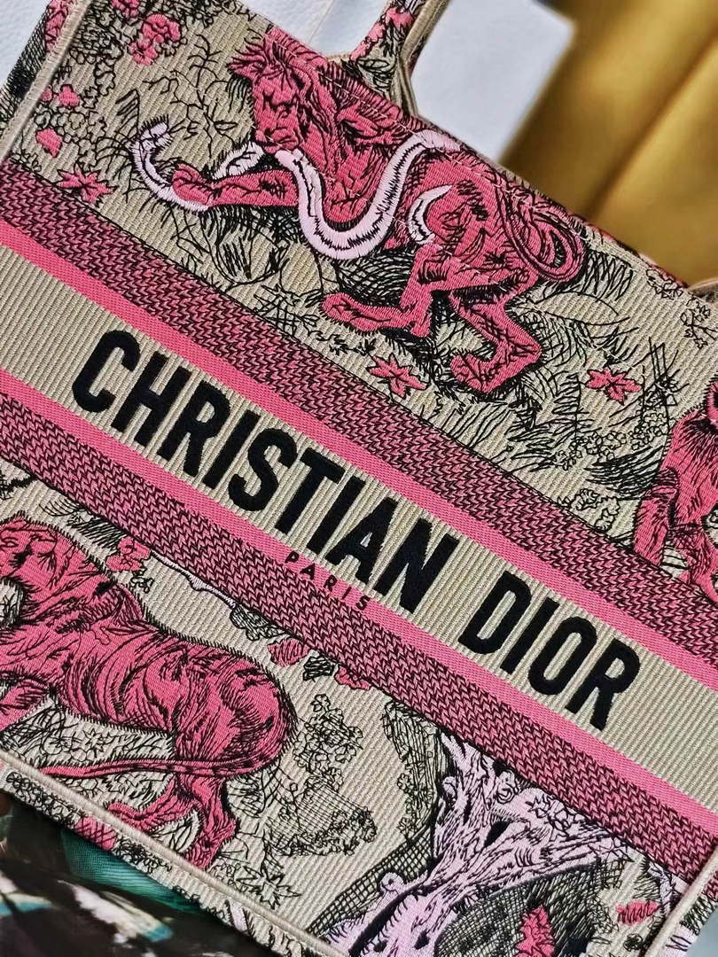Dior M1296 Medium Dioriviera Book Tote Raffia with Candy Pink Toile de Jouy Sauvage M0100