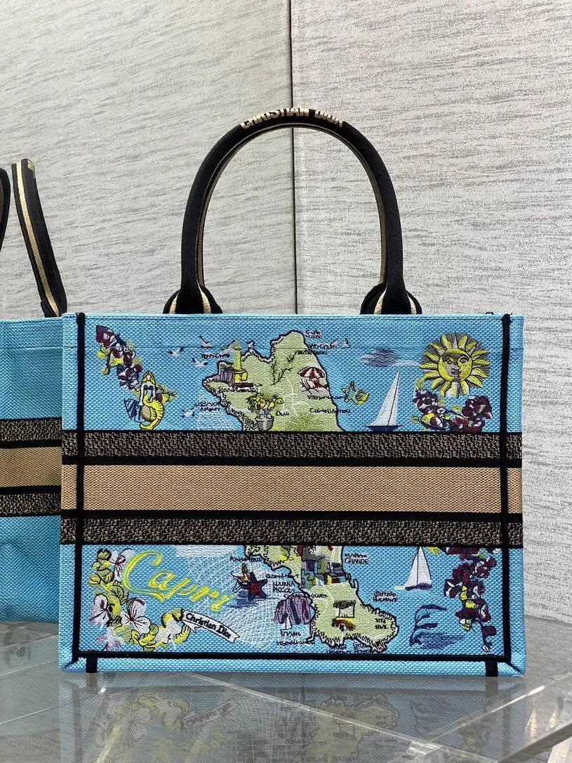 Dior M1296 Souvenir Medium Dior Book Tote Natural Raffia and Multicolor Embroidered M9644