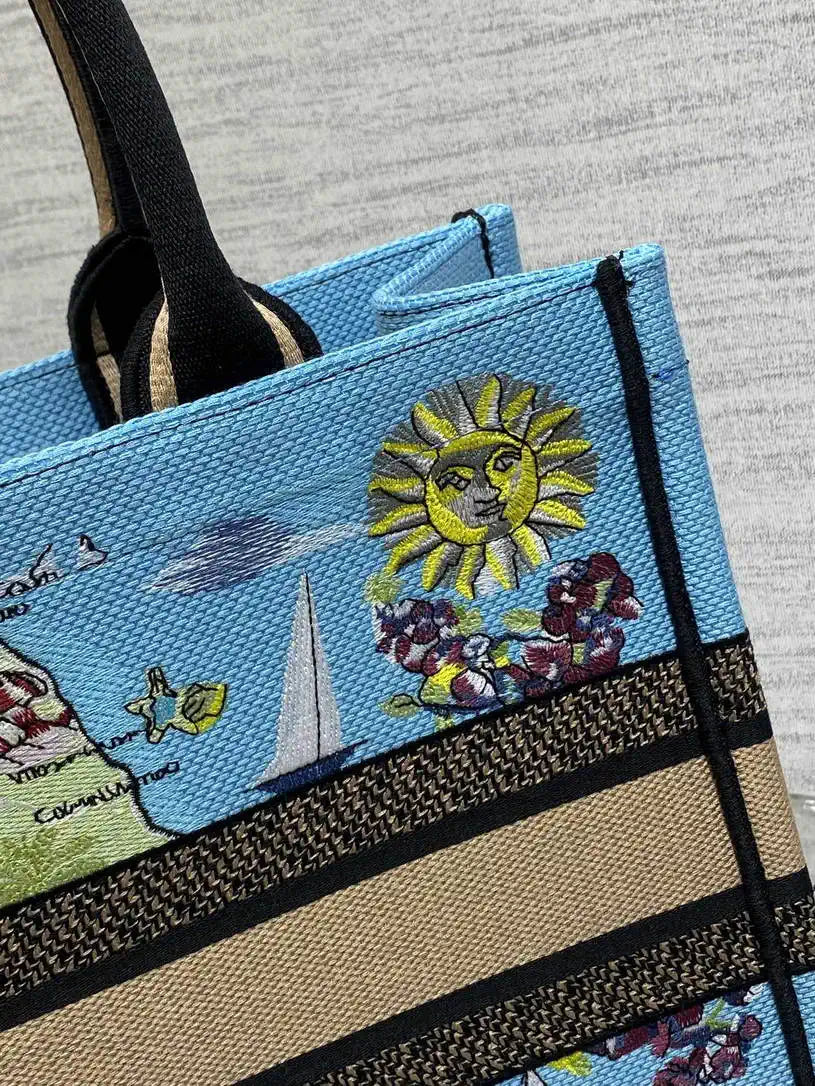 Dior M1296 Souvenir Medium Dior Book Tote Natural Raffia and Multicolor Embroidered M9644