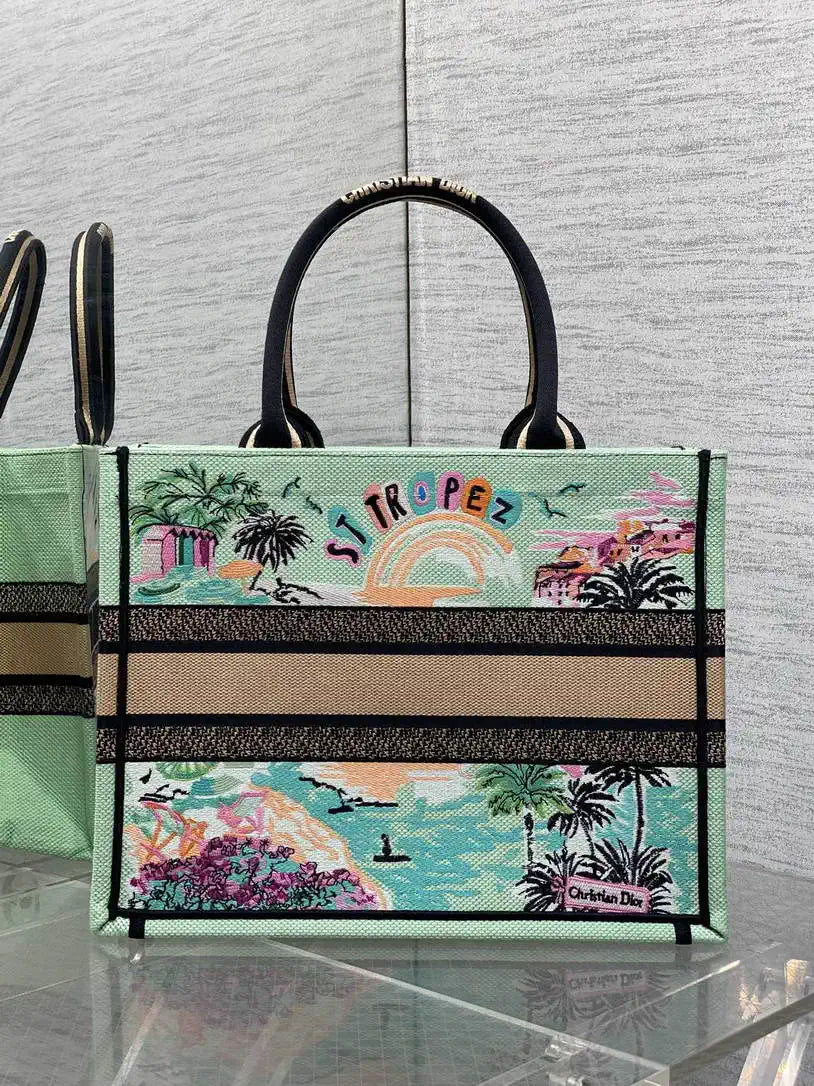 Dior M1296 Souvenir Medium Dior Book Tote Natural Raffia and Multicolor Embroidered M9646
