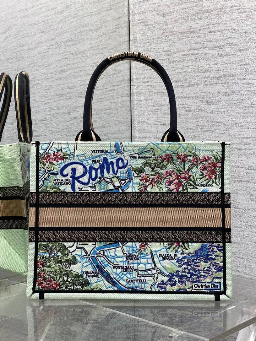 Dior M1296 Souvenir Medium Dior Book Tote Natural Raffia and Multicolor Embroidered M9650