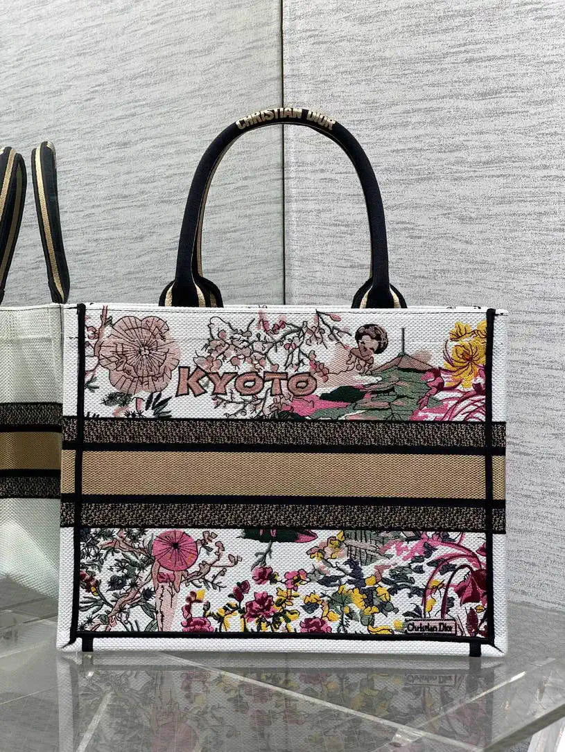 Dior M1296 Souvenir Medium Dior Book Tote Natural Raffia and Multicolor Embroidered M9651