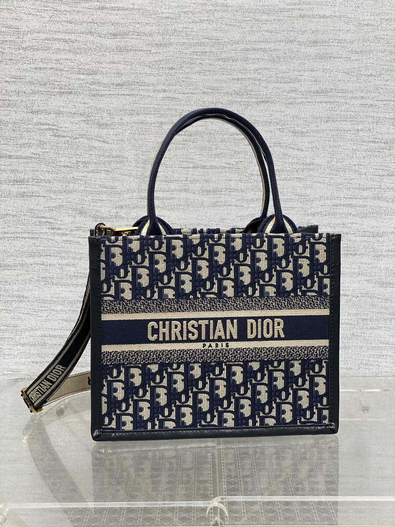 Dior M1325 Small Dior Book Tote Blue Dior Oblique Embroidery and Calfskin M2011 - Default Title - View 1