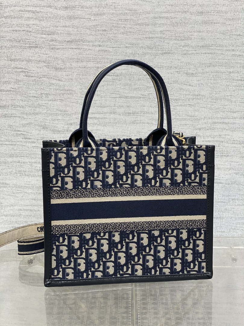 Dior M1325 Small Dior Book Tote Blue Dior Oblique Embroidery and Calfskin M2011