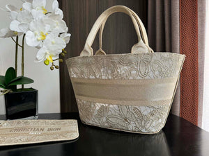 Dior M1328 Hat Basket Bag Beige D-Lace Butterfly Embroidery with Macram¨¦ Effec - Default Title - View 5