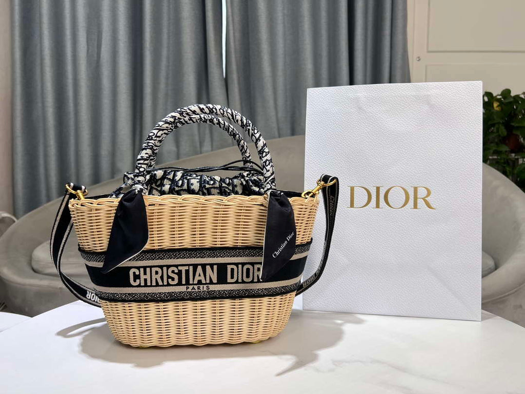 Dior M1328 Hat Basket Bag Natural Wicker and Blue Dior Oblique Jacquard M159