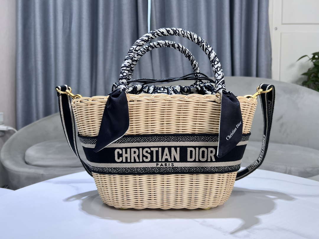 Dior M1328 Hat Basket Bag Natural Wicker and Blue Dior Oblique Jacquard M159