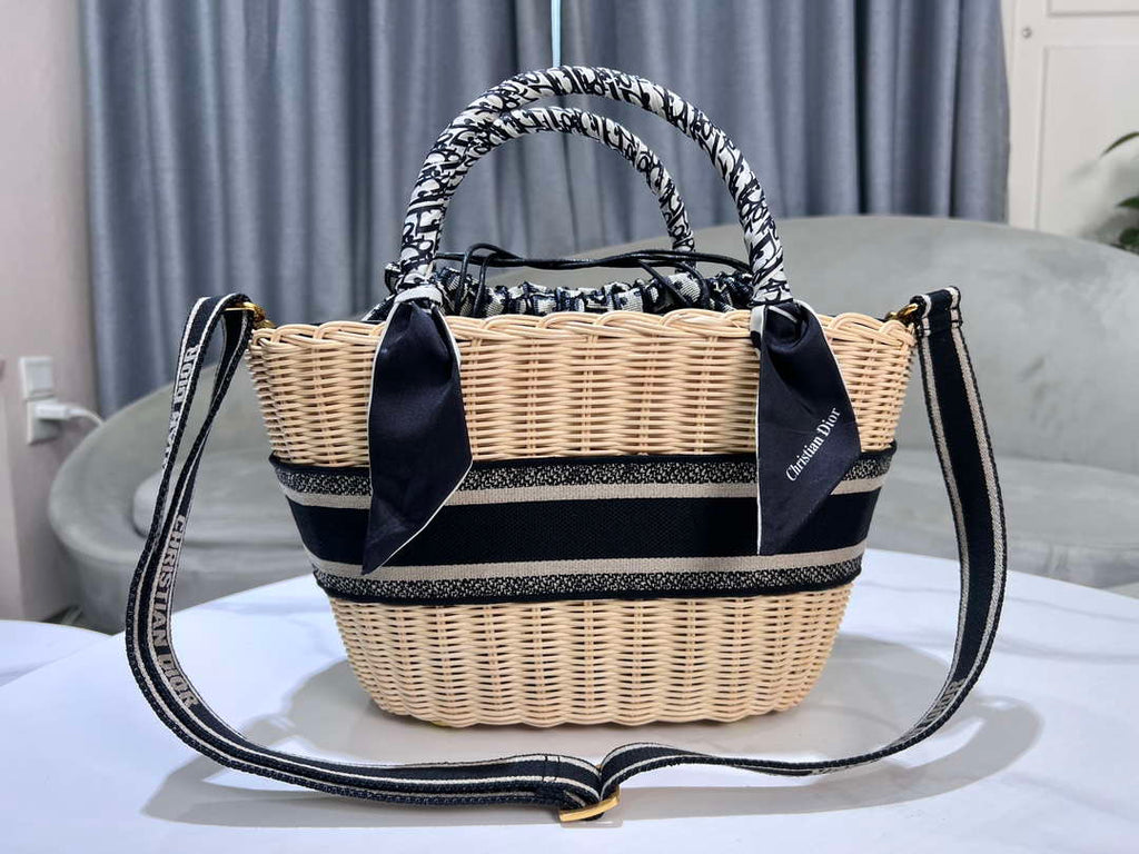 Dior M1328 Hat Basket Bag Natural Wicker and Blue Dior Oblique Jacquard M159