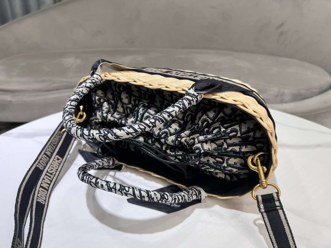 Dior M1328 Hat Basket Bag Natural Wicker and Blue Dior Oblique Jacquard M159