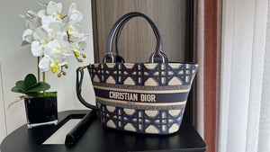 Dior M1328 Hat Basket Bag White and Blue with Gold-Tone Macrocannage Embroidery - Default Title - View 5