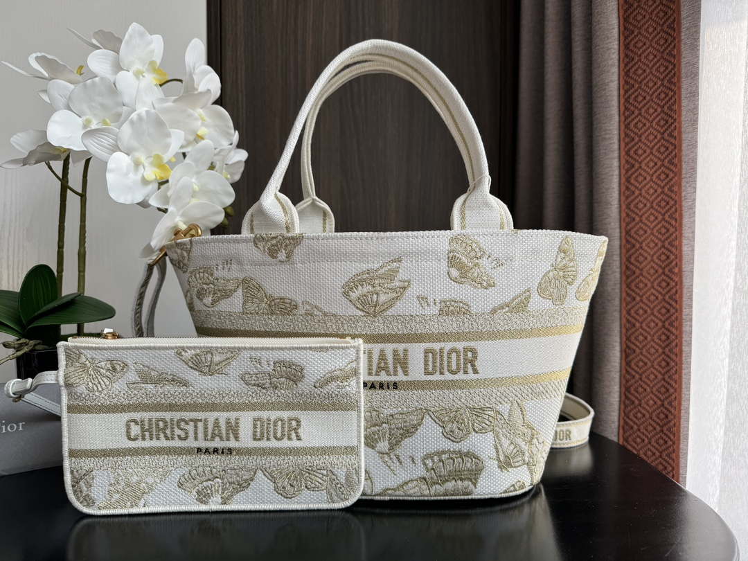 Dior M1328 Hat Basket Bag White and Gold-tone Gradient Butterflies Embroidery - Default Title - View 1