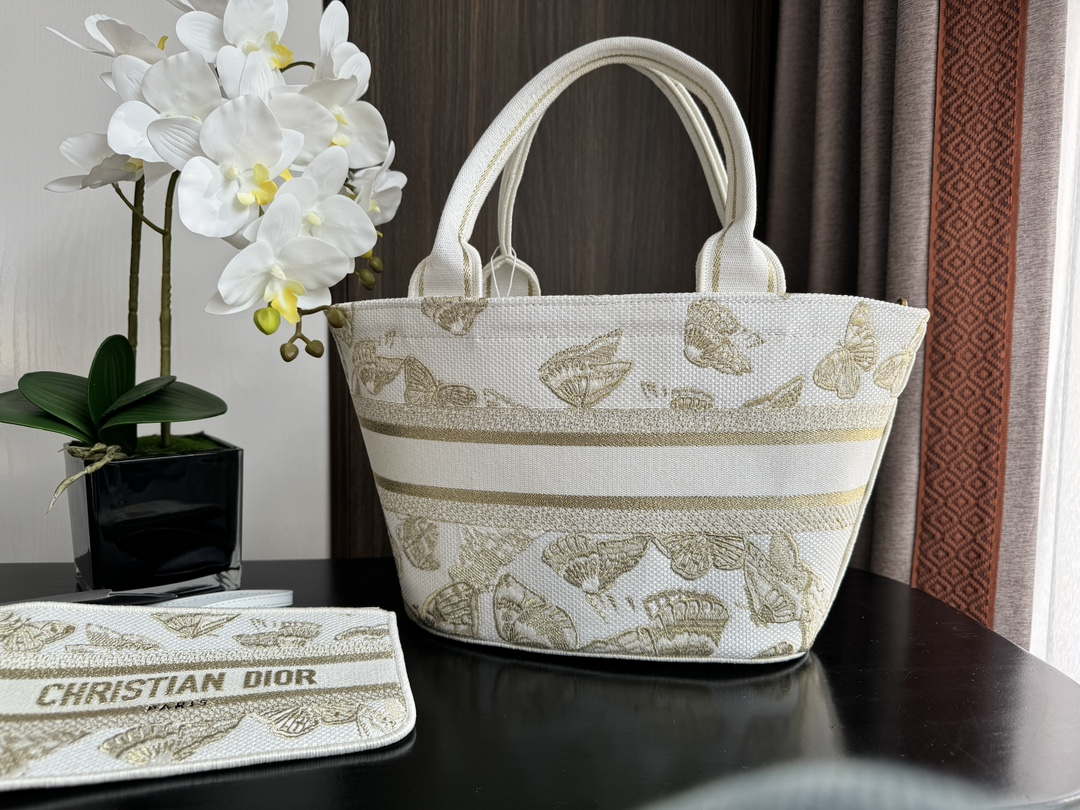 Dior M1328 Hat Basket Bag White and Gold-tone Gradient Butterflies Embroidery - Default Title - View 6