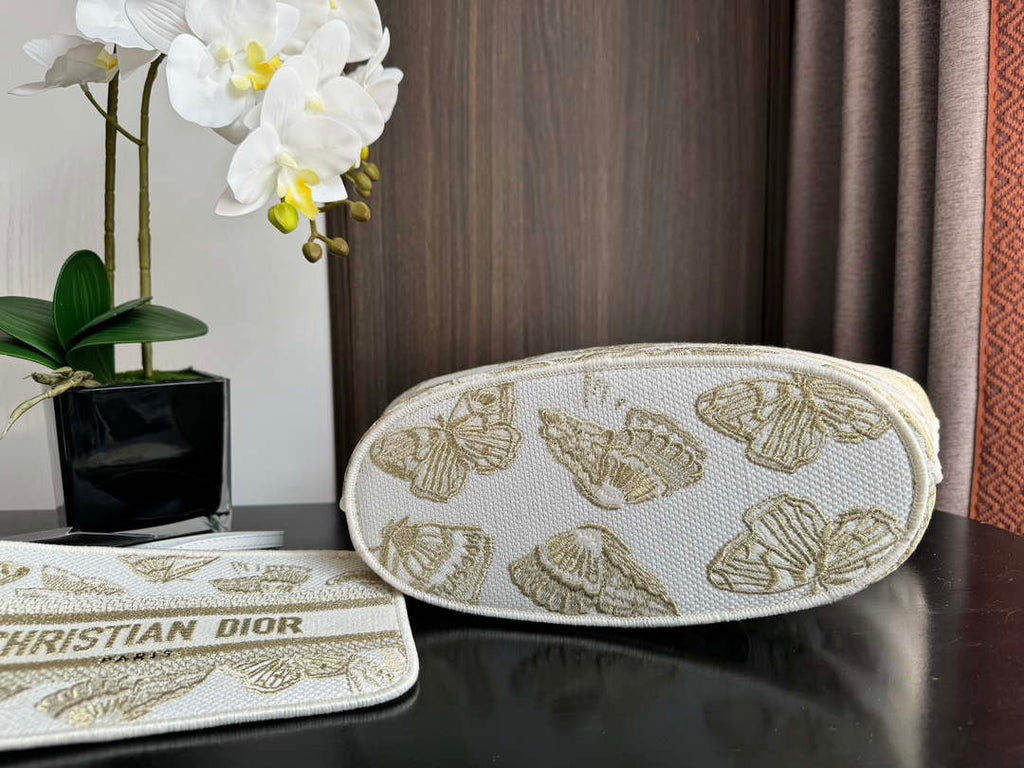 Dior M1328 Hat Basket Bag White and Gold-tone Gradient Butterflies Embroidery