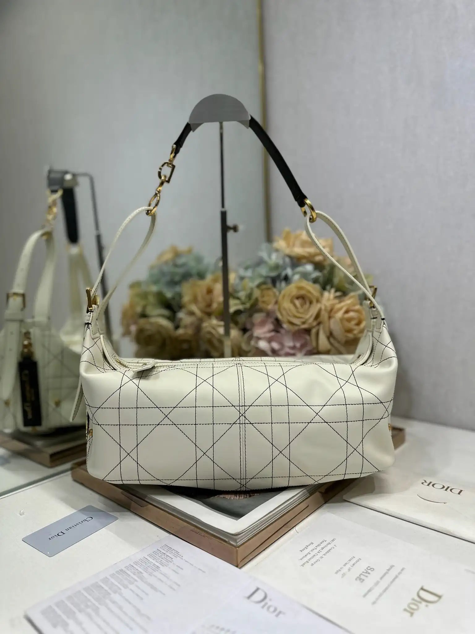 Dior M2417 Medium D-Journey Bag in Two-Tone Calfskin White Flat Macrocannage with Contrasting Black Topstitching