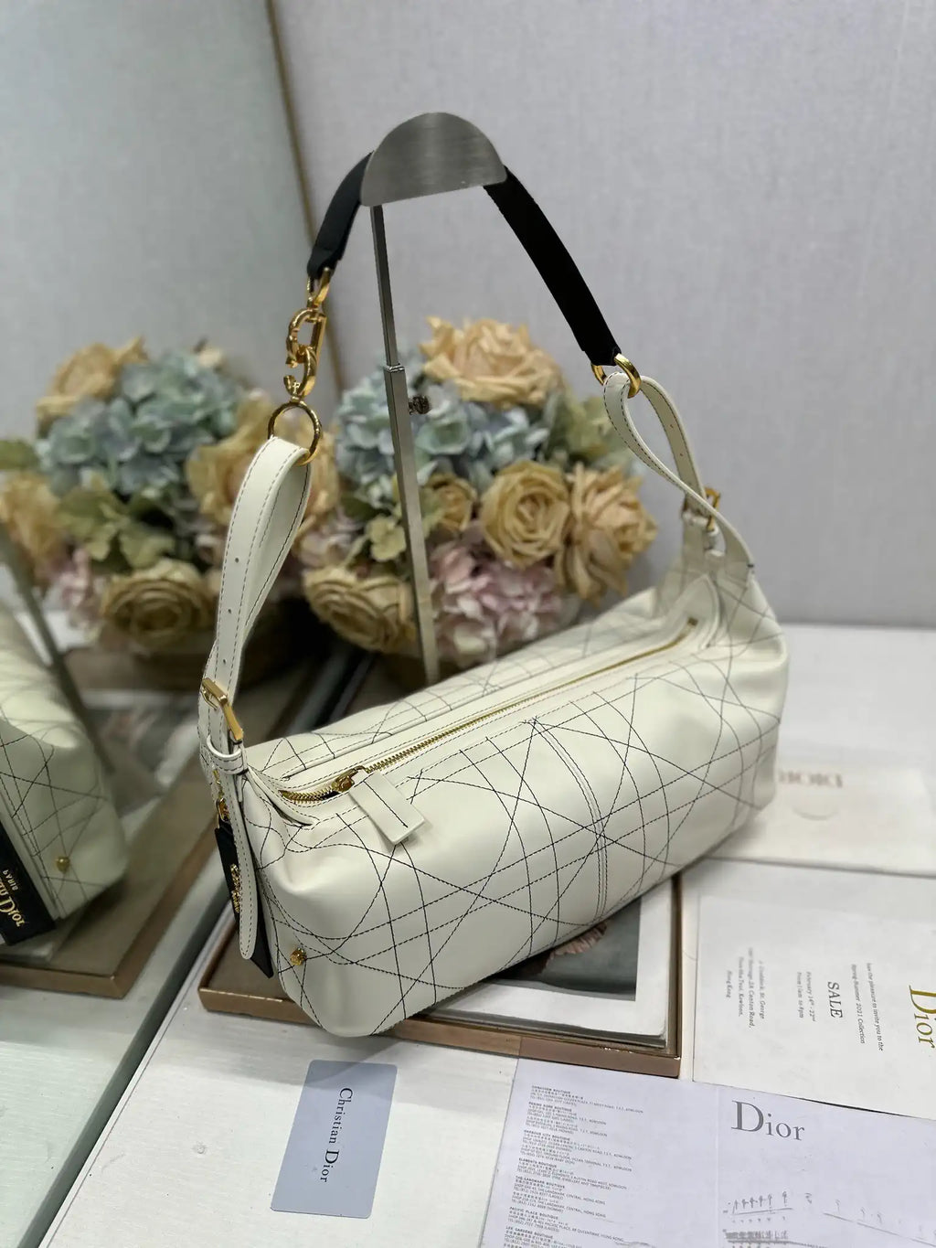 Dior M2417 Medium D-Journey Bag in Two-Tone Calfskin White Flat Macrocannage with Contrasting Black Topstitching