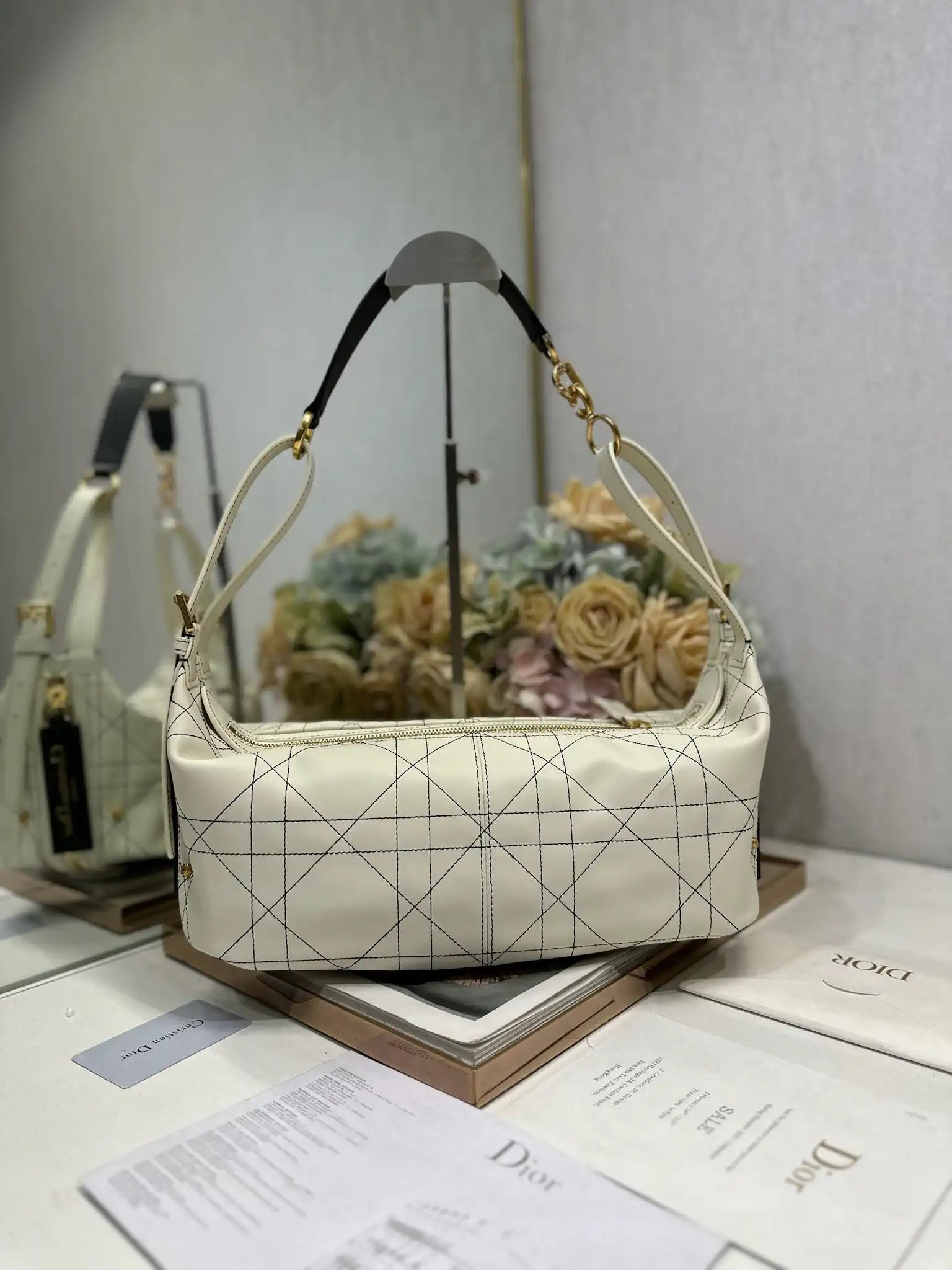 Dior M2417 Medium D-Journey Bag in Two-Tone Calfskin White Flat Macrocannage with Contrasting Black Topstitching