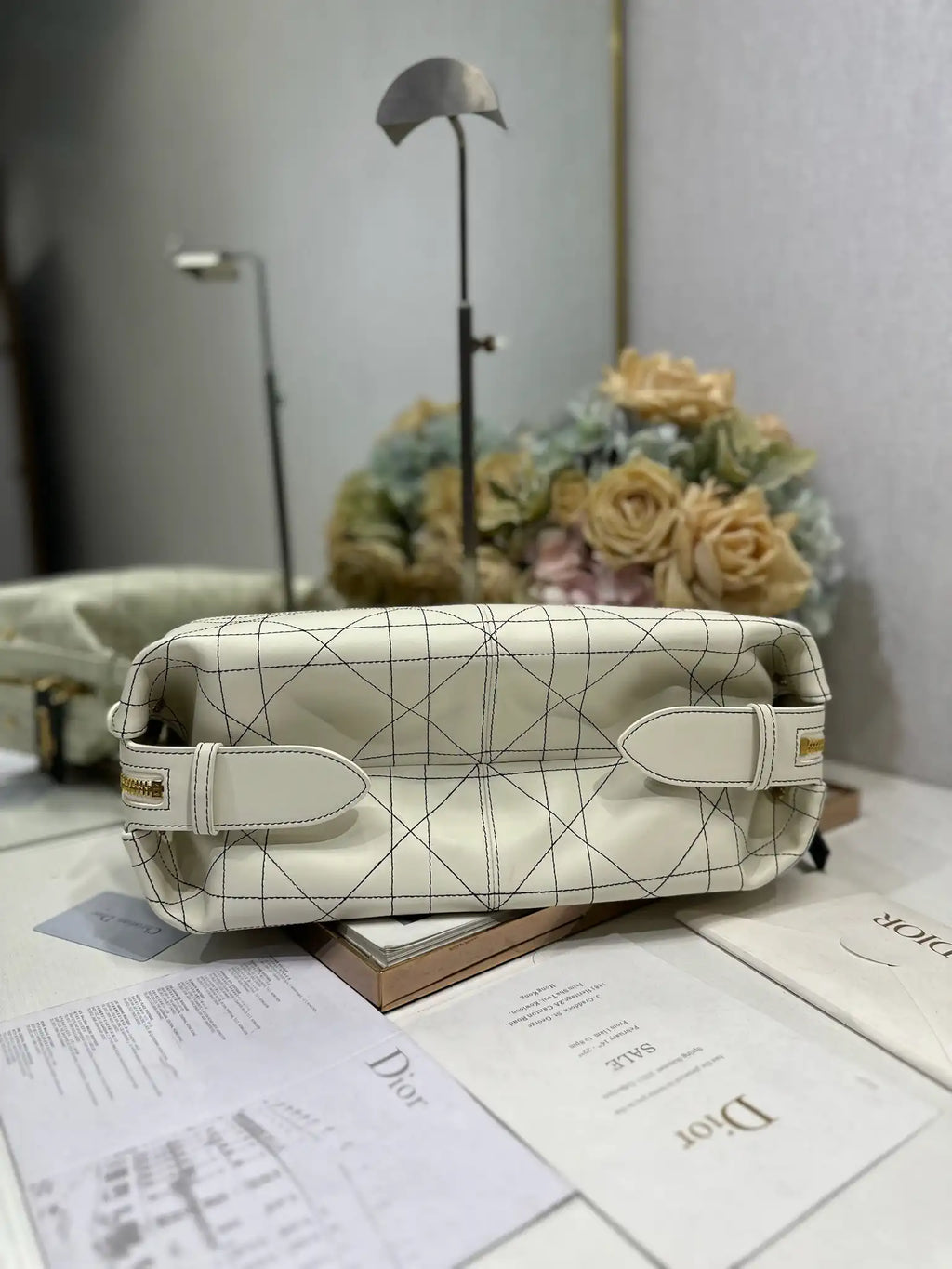 Dior M2417 Medium D-Journey Bag in Two-Tone Calfskin White Flat Macrocannage with Contrasting Black Topstitching