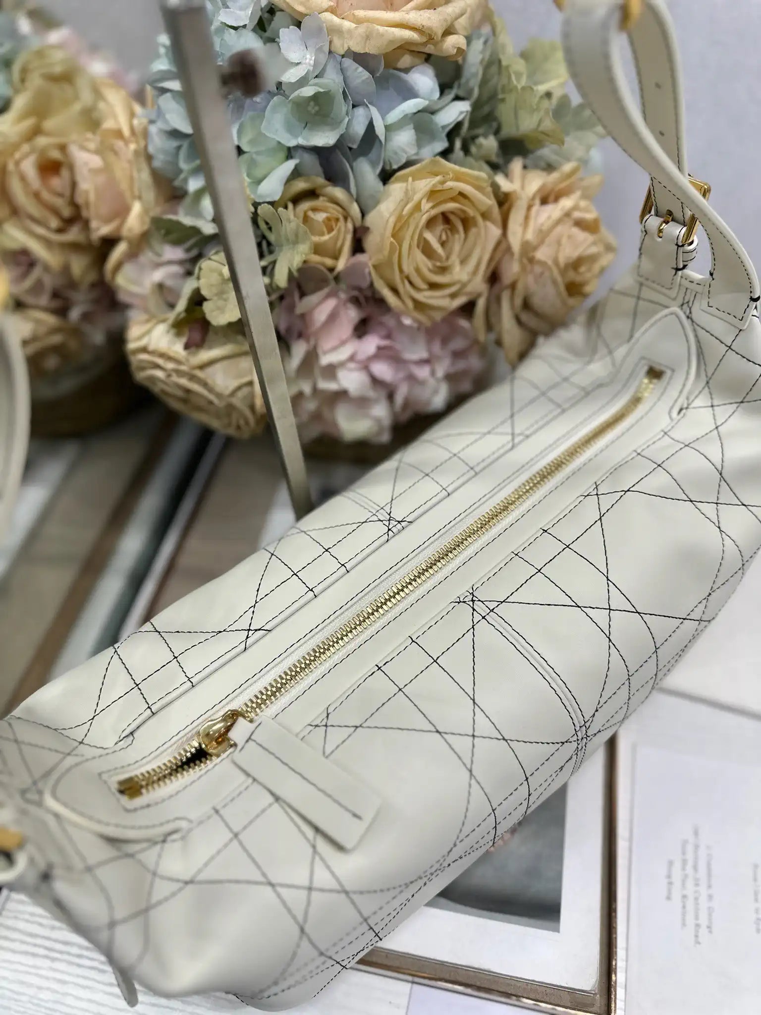 Dior M2417 Medium D-Journey Bag in Two-Tone Calfskin White Flat Macrocannage with Contrasting Black Topstitching