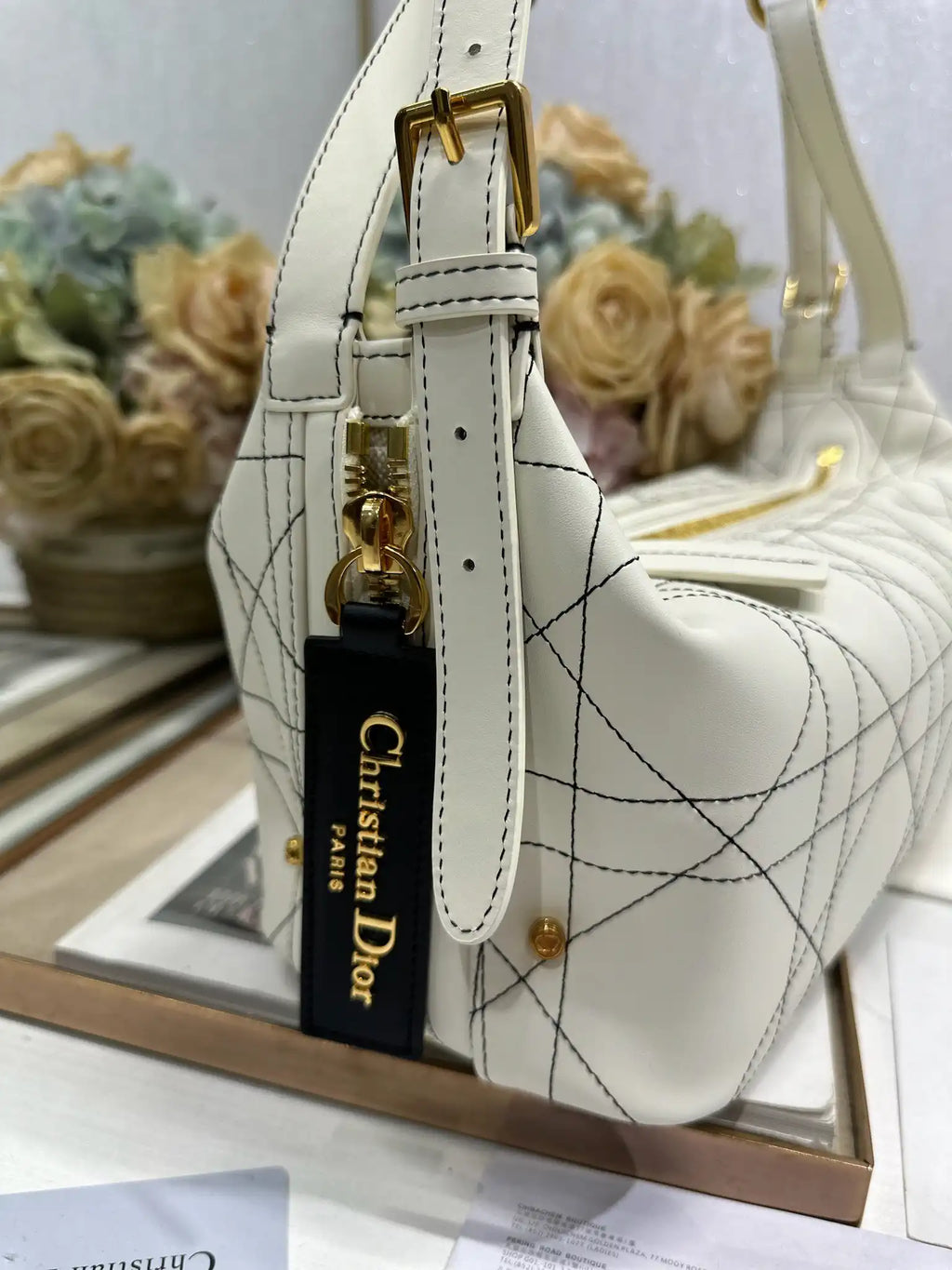 Dior M2417 Medium D-Journey Bag in Two-Tone Calfskin White Flat Macrocannage with Contrasting Black Topstitching