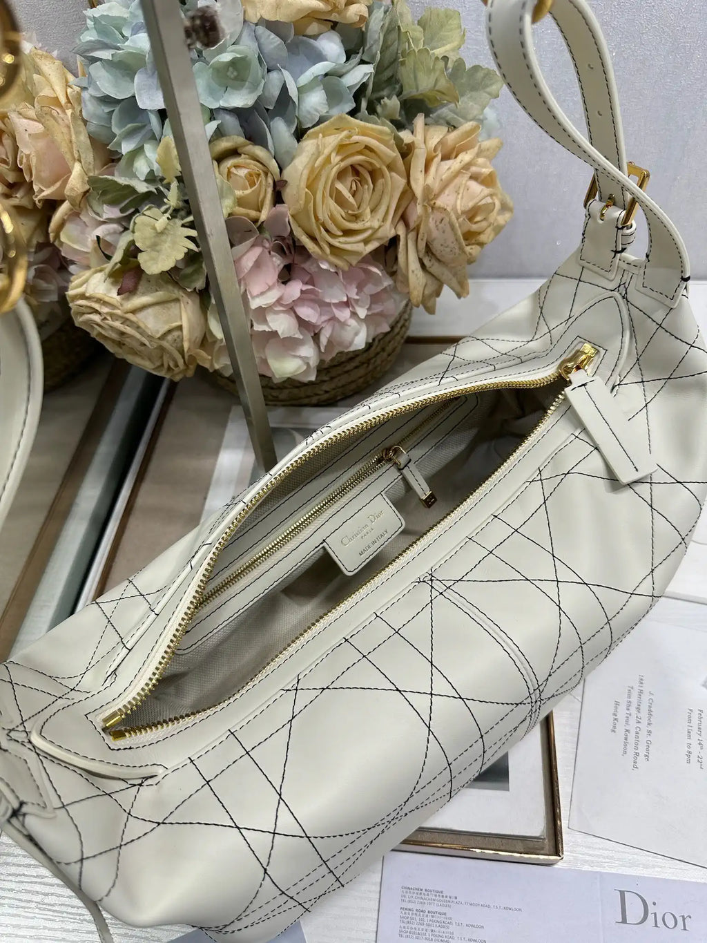 Dior M2417 Medium D-Journey Bag in Two-Tone Calfskin White Flat Macrocannage with Contrasting Black Topstitching
