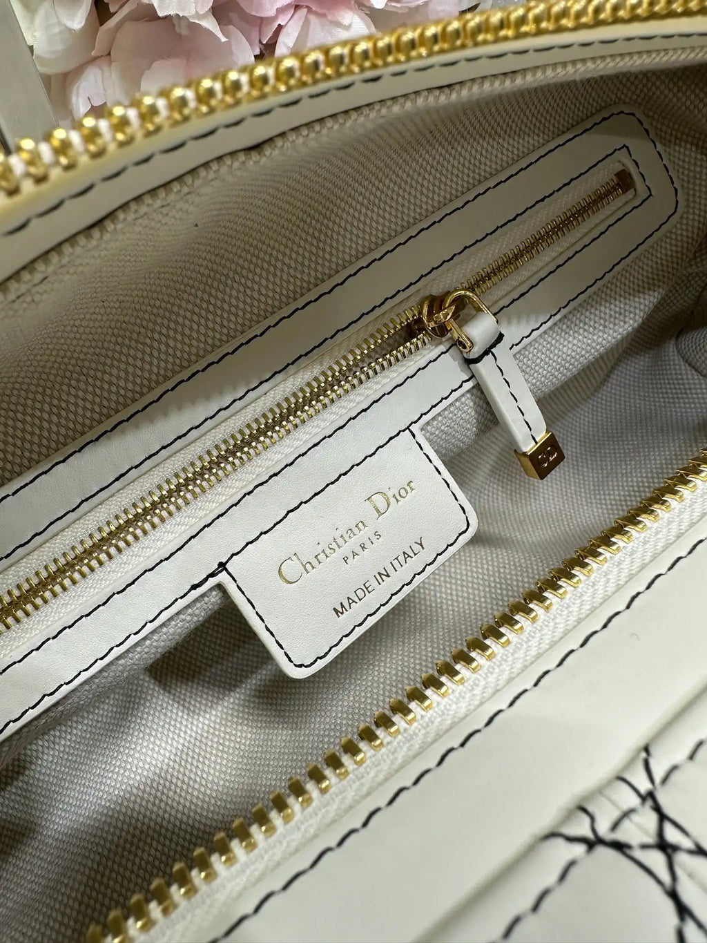 Dior M2417 Medium D-Journey Bag in Two-Tone Calfskin White Flat Macrocannage with Contrasting Black Topstitching