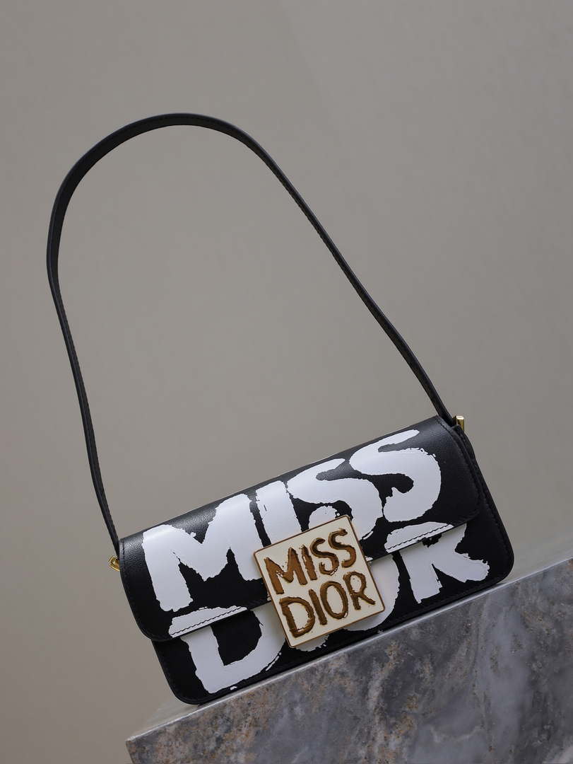 Dior M2610UZCJ_M911 Miss Dior Flap Bag Black and White Miss Dior Graffiti Printed
