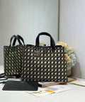 Dior M2820 Large Dior Toujours Bag Beige Black Tweed with Embroidered diamond