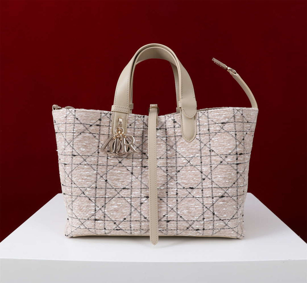 Dior M2820 Large Dior Toujours Bag Beige Tweed with White Cannage Motif