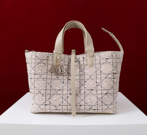 Dior M2820 Large Dior Toujours Bag Beige Tweed with White Cannage Motif - Default Title - View 1