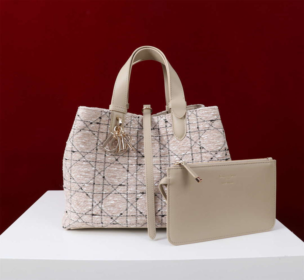 Dior M2820 Large Dior Toujours Bag Beige Tweed with White Cannage Motif