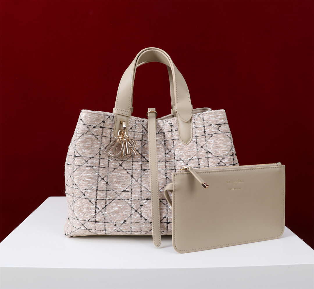Dior M2820 Large Dior Toujours Bag Beige Tweed with White Cannage Motif