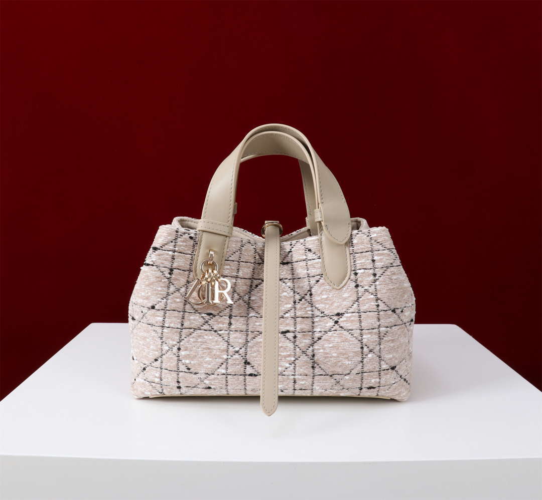 Dior M2821 Medium Dior Toujours Bag Beige Tweed with White Cannage Motif
